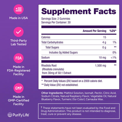 Purify Life Sugar-Free Rhodiola Rosea Gummies (1500mg/Serving) Cortisol Detox & Adrenal Support Supplement - Adaptogenic Rhodiola for Mood, Motivation, Stamina & Performance, Non-GMO, 60 Vegan Chews