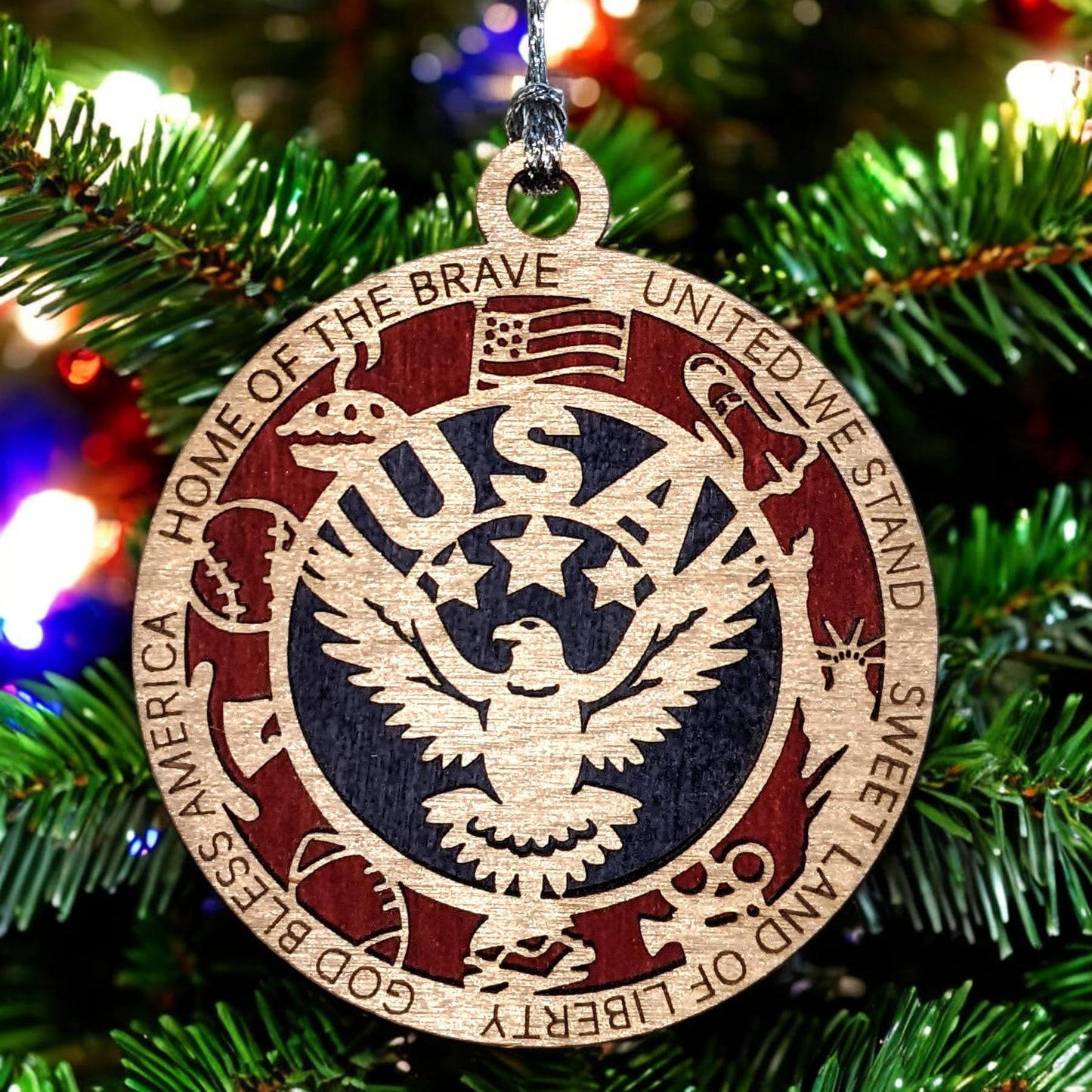 Patriotic USA Christmas Ornament - 3" Wood Eagle Design with American Icons, Handmade in Oregon