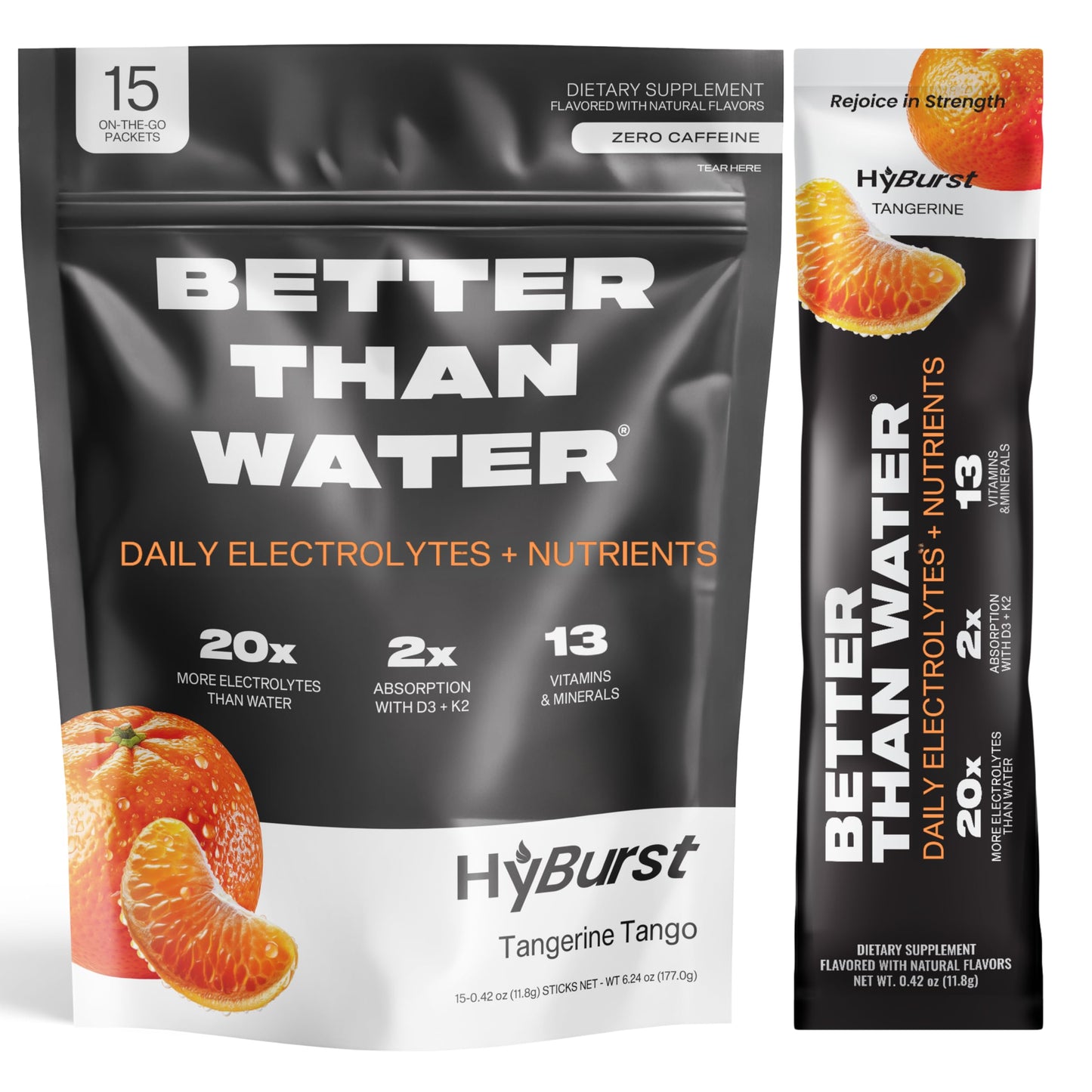 Hyburst Electrolyte & Vitamin Supplement Powder, Drink Mix with B12, L-Theanine, D3, K2, Zinc, Magnesium, Potassium, Supports Calm Focus & Energy, Tangerine Tango, 15 Pack