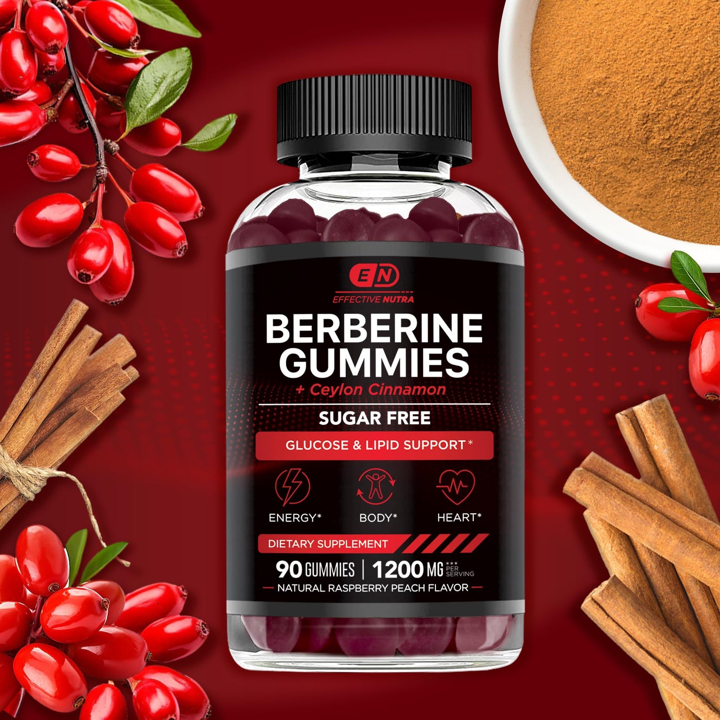 EFFECTIVE NUTRA Berberine Gummies with Ceylon Cinnamon | Sugar-Free Supplement 1200mg for Blood Sugar Support, Heart Health, Energy | 45-Day Supply, Natural Berry Flavor, Made in USA (90 Count)