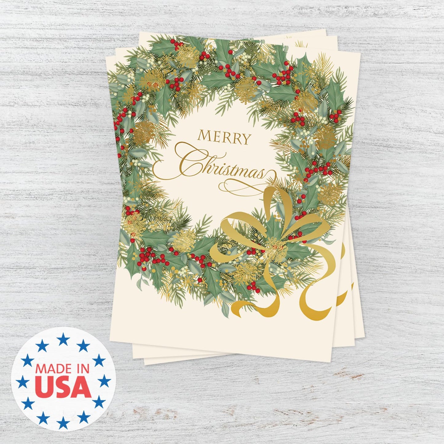 Canopy Street Masterpiece Traditional Wreath Christmas Cards / 15 Festive Holiday Cards Set With White Envelopes / 5 5/8" x 7 7/8" Winter Greeting Cards With Inside Verse