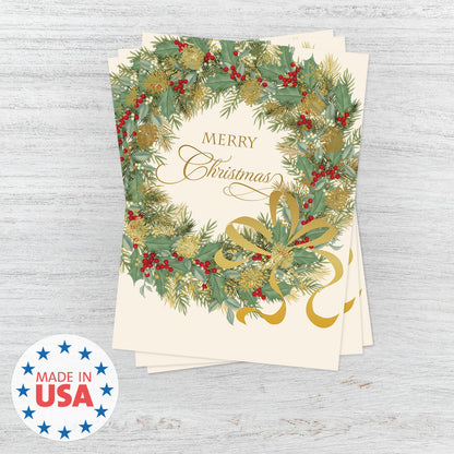 Canopy Street Masterpiece Traditional Wreath Christmas Cards / 15 Festive Holiday Cards Set With White Envelopes / 5 5/8" x 7 7/8" Winter Greeting Cards With Inside Verse