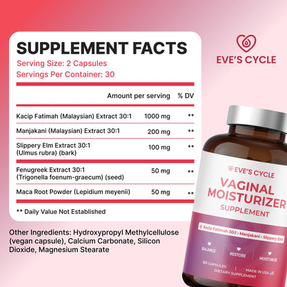 Eve's Cycle Vaginal Moisture + Tightening Supplement - Kacip Fatimah, Slippery Elm for Women, Manjakani for Vaginal Dryness - 60 Vegan Capsules - Made in USA