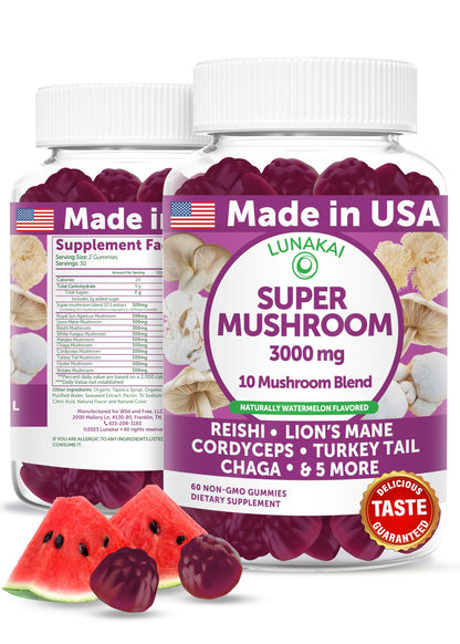 Lunakai USA Made Super Mushroom Gummies for Adults – 10-in-1 Adaptogenic Mushroom Supplement with Lion's Mane - Focus & Brain Support, 60ct