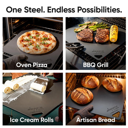 Doppio Living Pizza Steel for Oven | Made in USA | 16" x 14.25" | Pre-Seasoned Baking Steel for Bread, Pizza, Sourdough & More | Premium Quality Crust at Home | Use in Oven, Grill, BBQ | 1/4" Thick