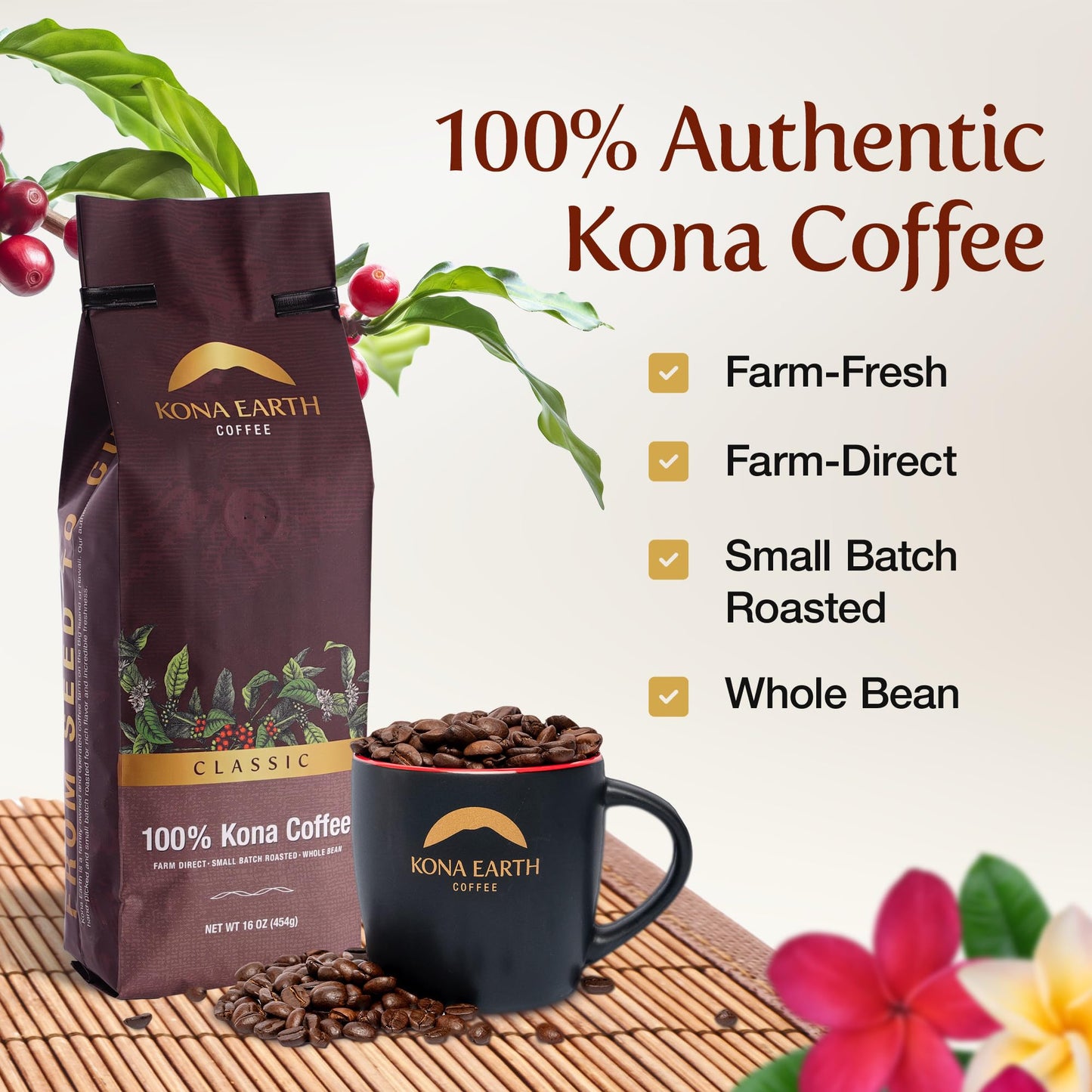 KONA EARTH - Classic, 100% Kona Coffee Beans, Whole Farm-Fresh Classic Medium Roast Coffee Beans, Micro-Batch-Roasted, 1 lb., Pack of 1