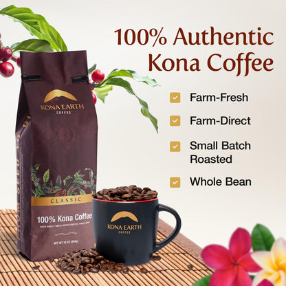 KONA EARTH - Classic, 100% Kona Coffee Beans, Whole Farm-Fresh Classic Medium Roast Coffee Beans, Micro-Batch-Roasted, 1 lb., Pack of 1