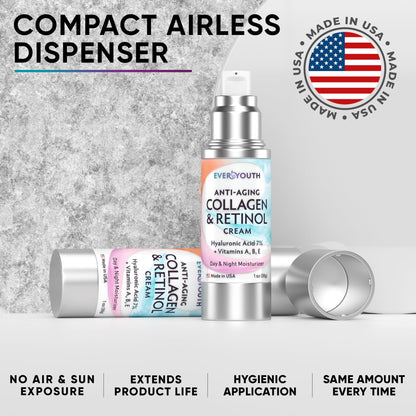 Face Moisturizer Bundle with Collagen, Retinol, Hyaluronic Acid, Niacinamide (Save 20%), Made in USA, Day & Night, for Women, Anti Wrinkle Cream for Face, Neck & Décolleté - 2x1.7oz+Travel Size 1.0oz