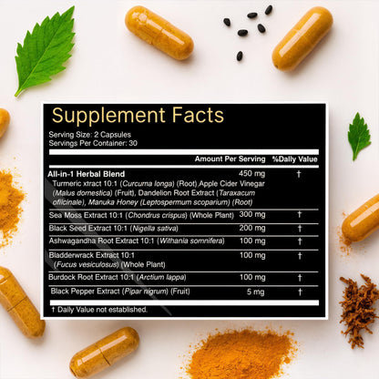 AZ ApexZone Sea Moss Capsules - Health Supplements - True Seamoss Black Seed Oil Ashwagandha Burdock Root, Tumeric Supplement with Manuka Honey, Dandelion Root ACV - 60 Capsules