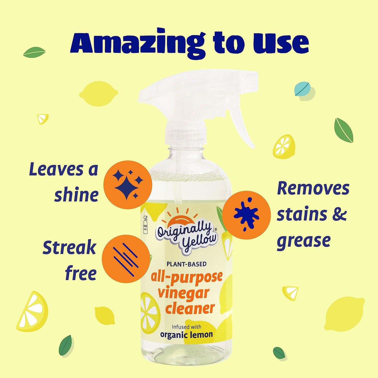 Originally Yellow Lemon Vinegar All Purpose Cleaning Spray | Distilled Cleaning Vinegar For Every Room In the House | Plant-Derived All Purpose Cleaner | Living Room, Bathroom, & Kitchen | 3 Pack