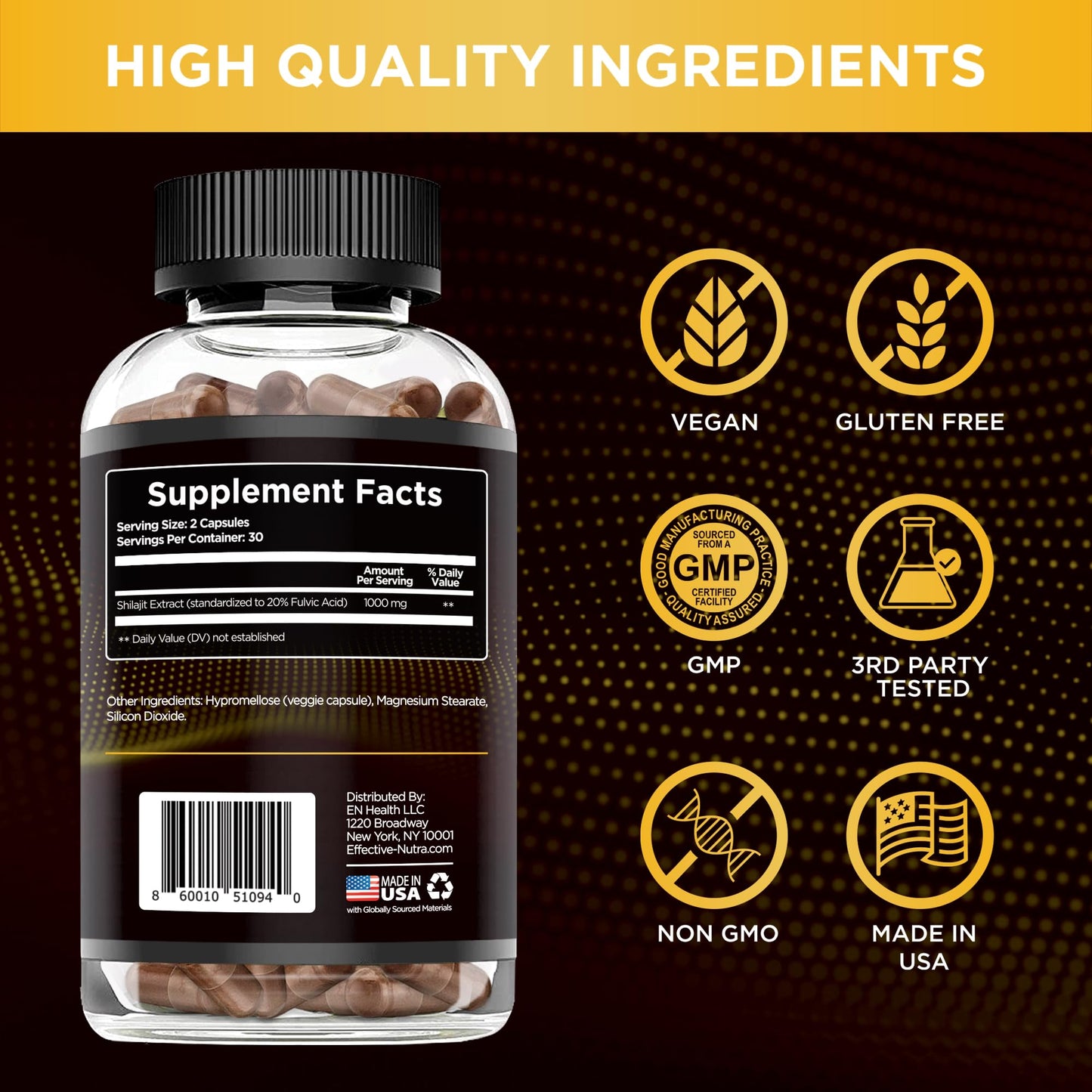 EFFECTIVE NUTRA Pure Shilajit Capsules for Men & Women - Pure Himalayan Shilajit for Men & Women - High in Trace Minerals & Fulvic Acid - 10000mg of Authentic Shilajit Extract per Serving (120 Count)