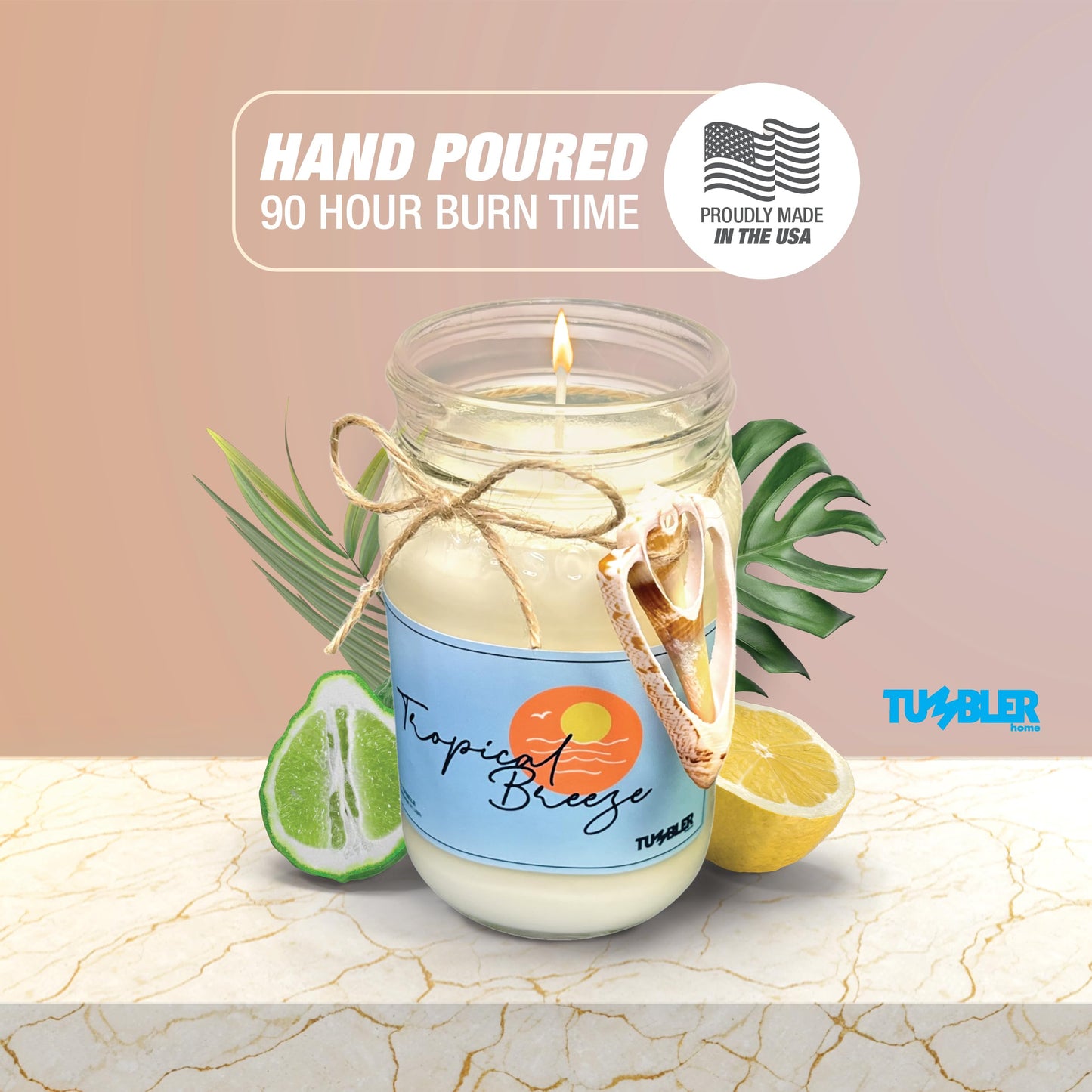 Beach Candle by Tumbler Home, Scented Soy Candle Made in USA, Beachy Candle Makes Great Coastal Decor, Long Lasting 90+ Hour Burn Time - Tropical Breeze