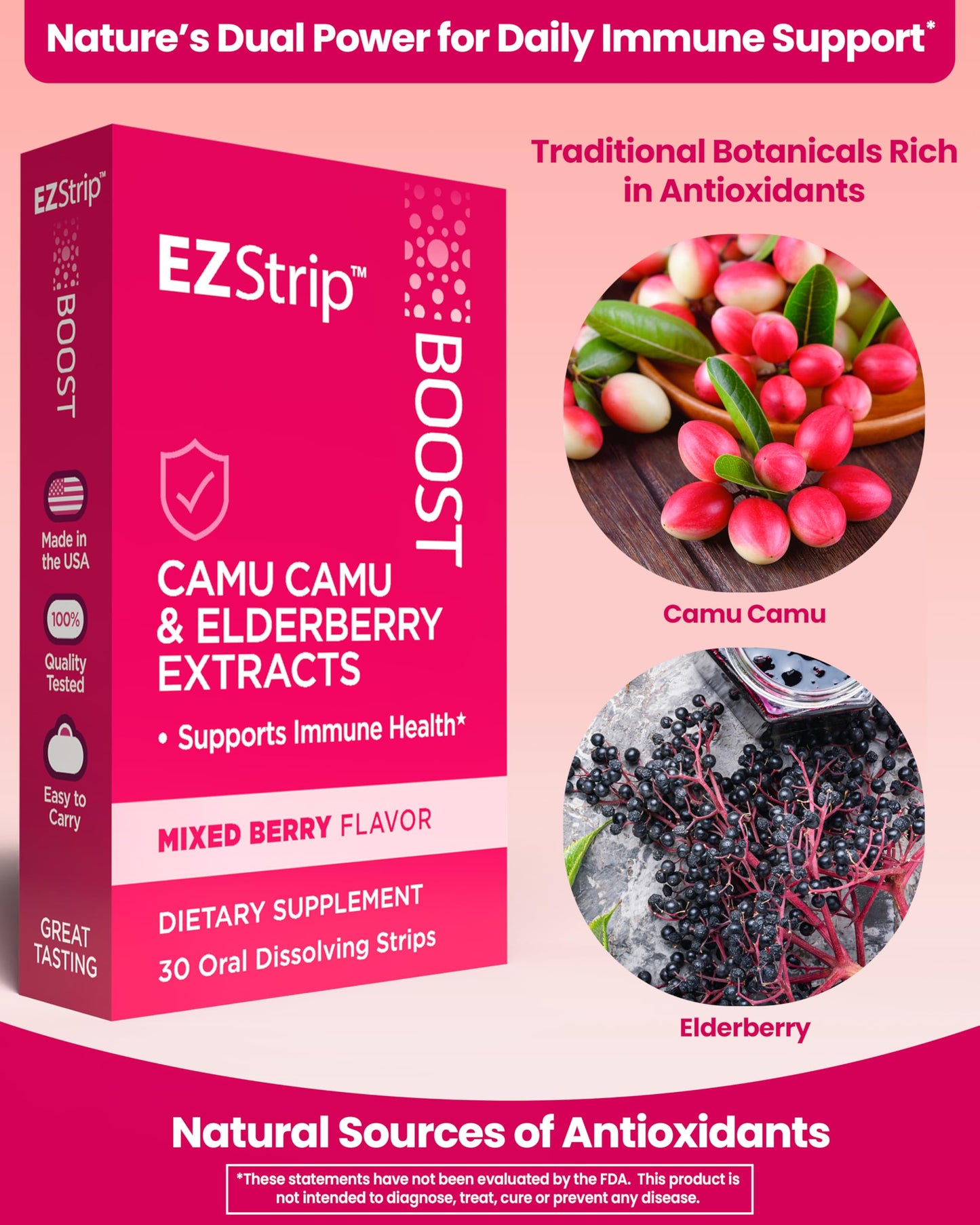 EZStrip Boost Immune Support Supplement - Mixed Berry Flavor, 30 Count - Dissolving Strips with Camu Camu and Elderberry to Help Support Immune Health - Made in The USA, Sugar and Gluten-Free