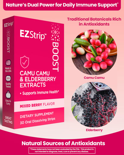 EZStrip Boost Immune Support Supplement - Mixed Berry Flavor, 30 Count - Dissolving Strips with Camu Camu and Elderberry to Help Support Immune Health - Made in The USA, Sugar and Gluten-Free