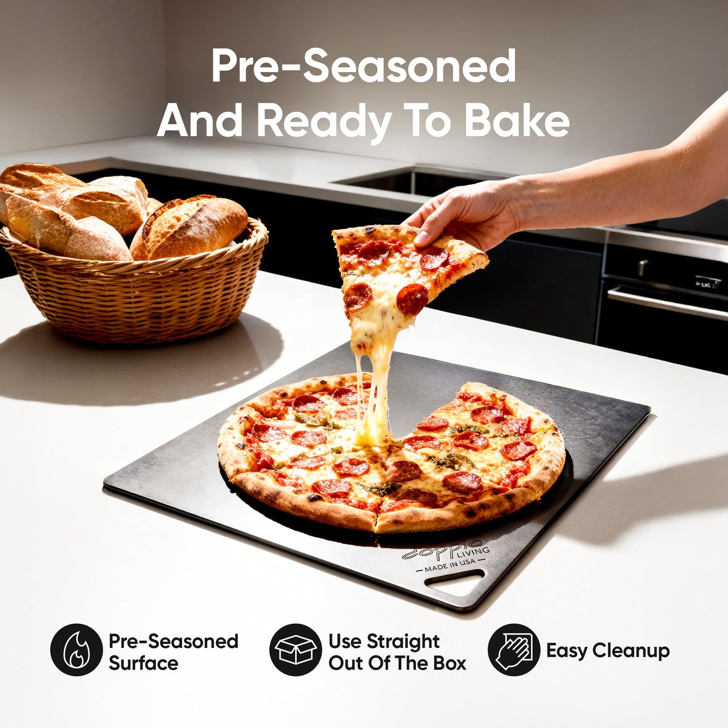 Doppio Living Pizza Steel for Oven | Made in USA | 16" x 14.25" | Pre-Seasoned Baking Steel for Bread, Pizza, Sourdough & More | Premium Quality Crust at Home | Use in Oven, Grill, BBQ | 1/4" Thick