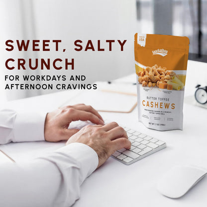 Snackathon Butter Toffee Cashews, 7 oz Resealable Bag, Made in USA, All-Natural Fresh Roasted Nuts Coated in a Crunchy Buttery Toffee Shell, Gourmet Sweet & Salty Snac