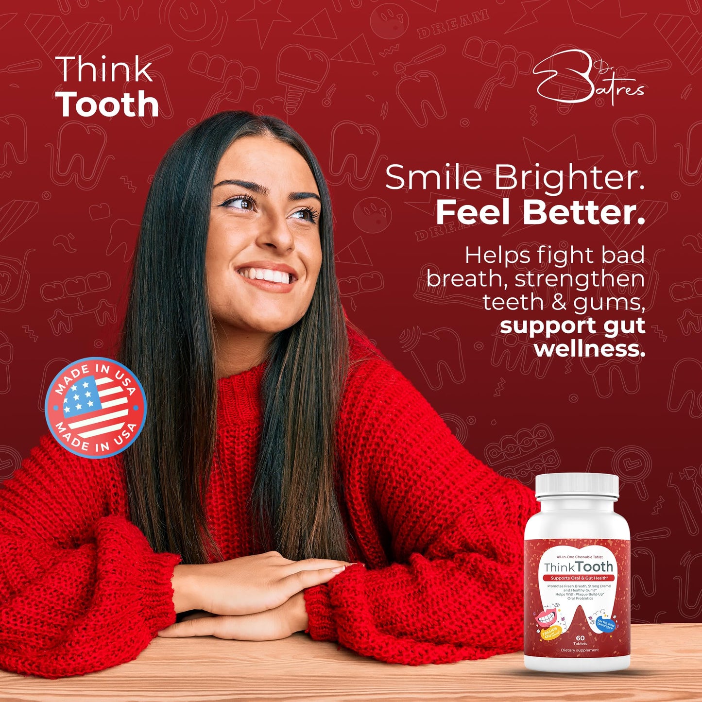 Think Tooth 60 Chewable Tablets, Oral Probiotics for Mouth Bad Breath Treatment for Adults, 5 Strains 7 Billion CFU, Doctor Formulated Oral Probiotics for Teeth & Gums, Fresh Breath, Chronic Halitosis