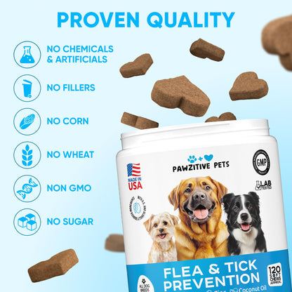 Chewable Flea and Tick Prevention for Dogs - 120 Soft Chews Made in USA - Oral Flea and Tick Control Pills for Small, Medium, Large Dogs and Puppies - Skin and Coat Supplement Treats for All Breeds