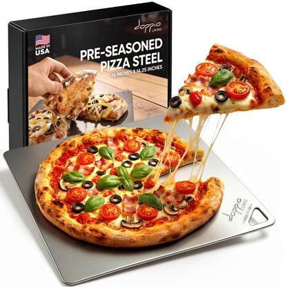 Doppio Living Pizza Steel for Oven | Made in USA | 16" x 14.25" | Pre-Seasoned Baking Steel for Bread, Pizza, Sourdough & More | Premium Quality Crust at Home | Use in Oven, Grill, BBQ | 1/4" Thick