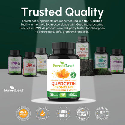 ForestLeaf Quercetin with Bromelain 1350mg - Blend with Vitamin C & Stinging Nettle Supplement, Quercetin 500mg Capsules, Non-GMO Gluten Free, Natural Immune & Respiratory Function, 90 Veggie Caps
