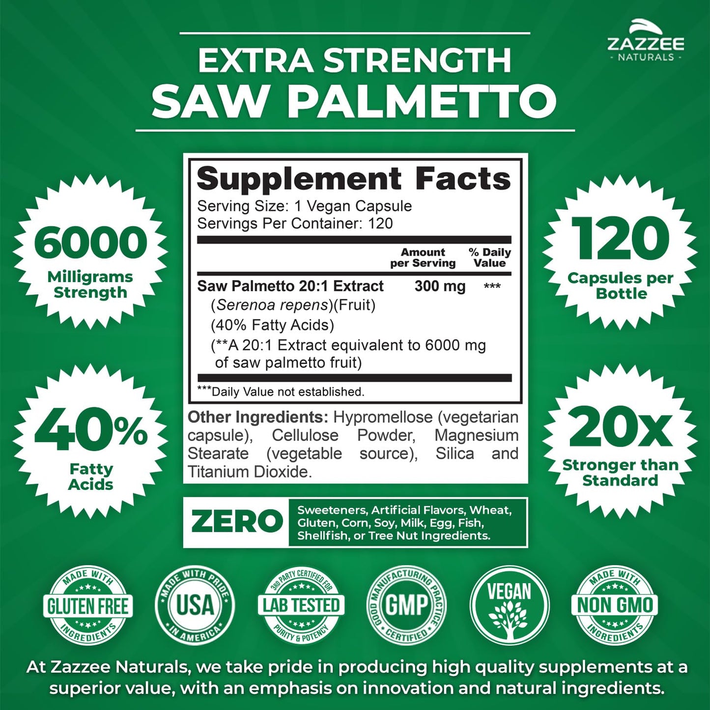 Zazzee Extra Strength Saw Palmetto 20:1 Extract, 6000 mg Strength, 40% Fatty Acids, 120 Vegan Capsules, 4 Month Supply, Concentrated and Standardized 20X Extract, Non-GMO, All-Natural, Made in the USA