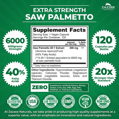 Zazzee Extra Strength Saw Palmetto 20:1 Extract, 6000 mg Strength, 40% Fatty Acids, 120 Vegan Capsules, 4 Month Supply, Concentrated and Standardized 20X Extract, Non-GMO, All-Natural, Made in the USA