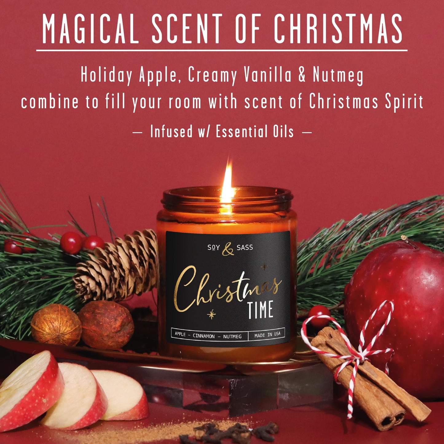 Christmas Candles Scented – ‘Christmas Time’ Soy Christmas Candle, w/Apple, Cinnamon, Clove - Infused with Essential Oils I Holiday Candles I 9oz, 50Hr, Made in USA