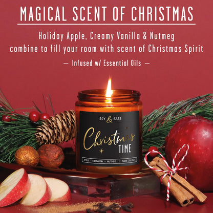 Christmas Candles Scented – ‘Christmas Time’ Soy Christmas Candle, w/Apple, Cinnamon, Clove - Infused with Essential Oils I Holiday Candles I 9oz, 50Hr, Made in USA
