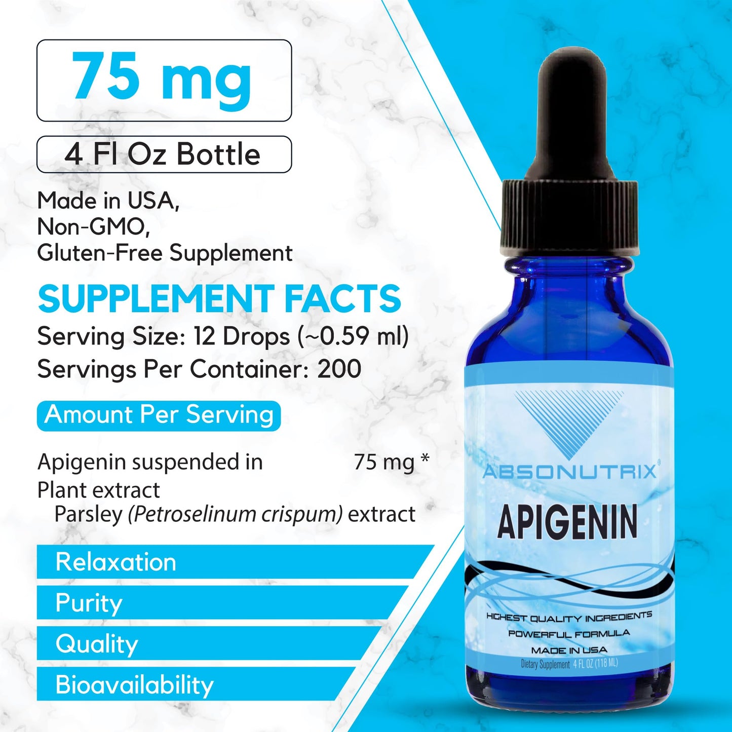 Absonutrix Apigenin 75 mg per Serving, 4 Fl Oz Bottle, 200 Potent Servings, Made in USA, Quick Absorption, Quality Potent Ingredients, Non-GMO, GMP Certified Facility, Cruelty-Free Products
