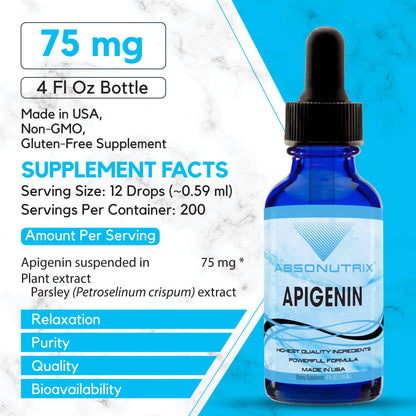 Absonutrix Apigenin 75 mg per Serving, 4 Fl Oz Bottle, 200 Potent Servings, Made in USA, Quick Absorption, Quality Potent Ingredients, Non-GMO, GMP Certified Facility, Cruelty-Free Products