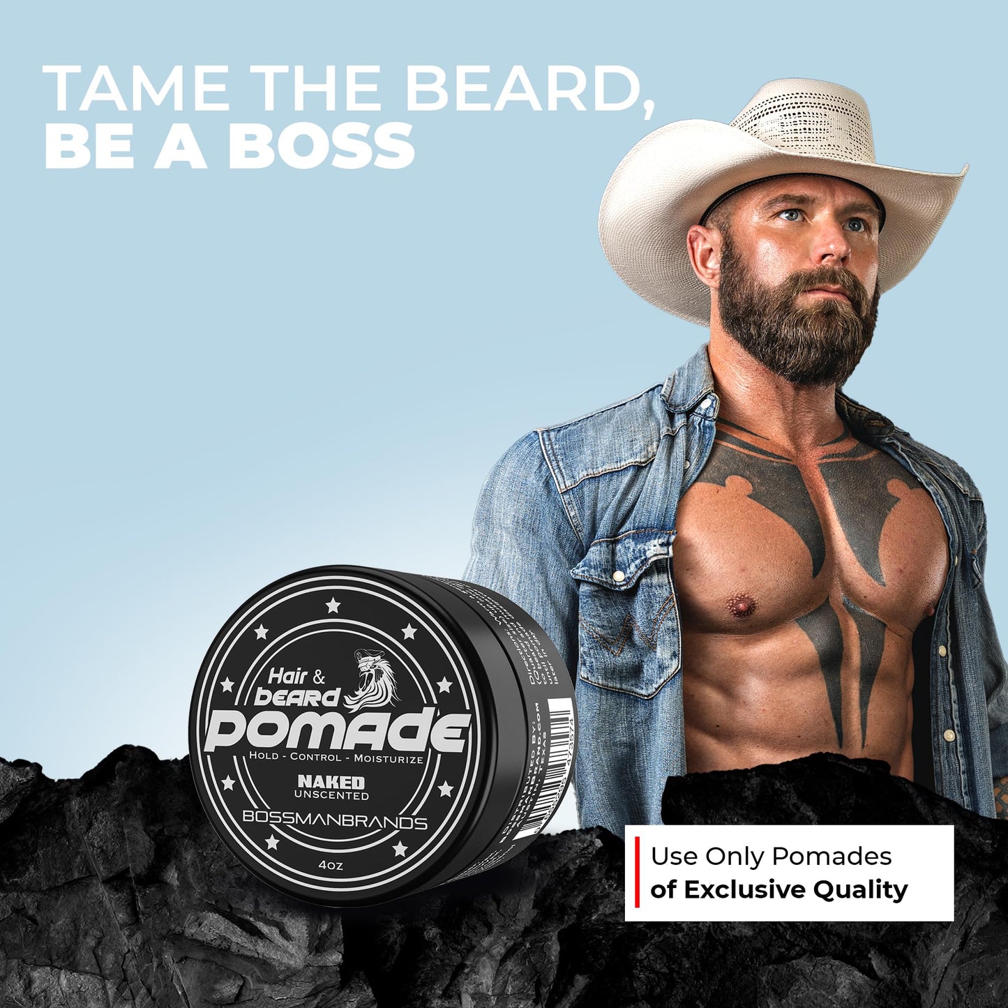 Bossman Hair & Beard Pomade for Men (Naked - Unscented) – Medium Hold & Moisturizing for Hair, Beard & Mustache Styling – Made in USA