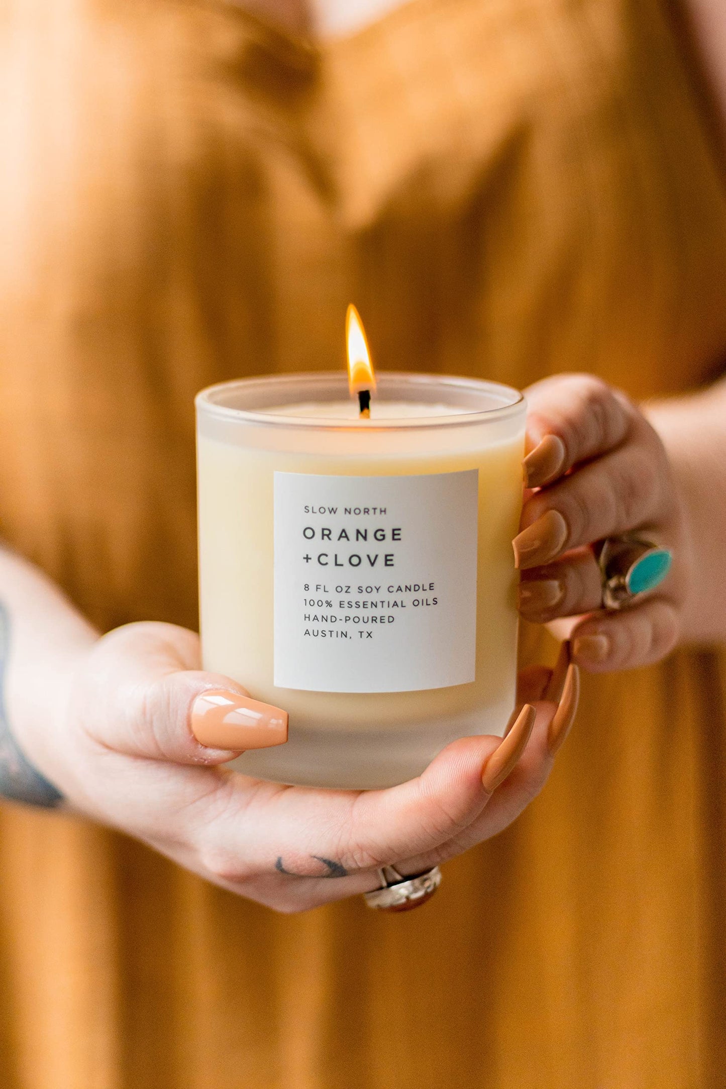 Slow North Orange + Clove Candle - Essential Oils and 100% Pure Soy Wax Candle in a Reusable Frosted Glass Jar - A Unique and Mindful Scented Candle Hand-Poured in The USA (8 oz)