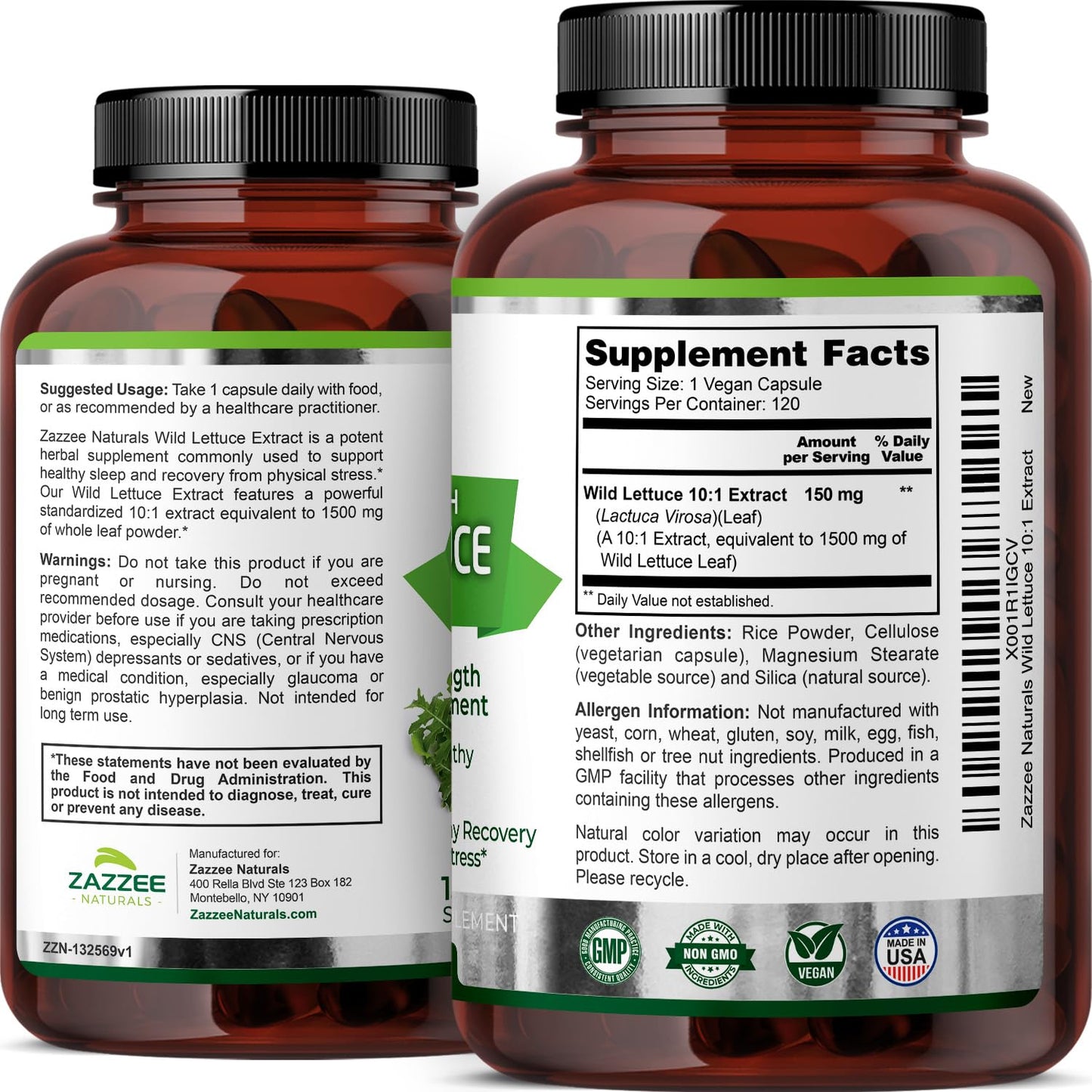 Zazzee Extra Strength Wild Lettuce 10:1 Extract, 1500 mg Strength, 120 Vegan Capsules, Potent Lactuca Virosa Variety, Concentrated 10X Extract, 100% Vegetarian, All-Natural, Non-GMO, Made in The USA