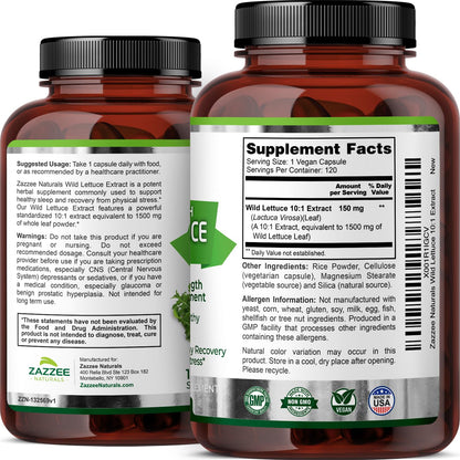 Zazzee Extra Strength Wild Lettuce 10:1 Extract, 1500 mg Strength, 120 Vegan Capsules, Potent Lactuca Virosa Variety, Concentrated 10X Extract, 100% Vegetarian, All-Natural, Non-GMO, Made in The USA