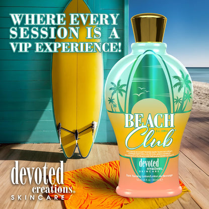 Devoted Creations Beach Club - Exclusive Skin Softening Copper Peptides + Elite Collagen Banking Complex with Peach Nectar & Acai Berry Extracts Indoor/Outdoor Dark Tanning Lotion