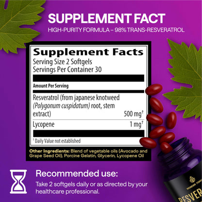 Resveratrol Supplement 500mg – 98% Trans Resveratrol 1000mg Organic Complex – NAD Resveratrol Antioxidants & Anti Aging Supplement for Heart Health, Memory Lift, Wellness Formula, Healthy Cell Support