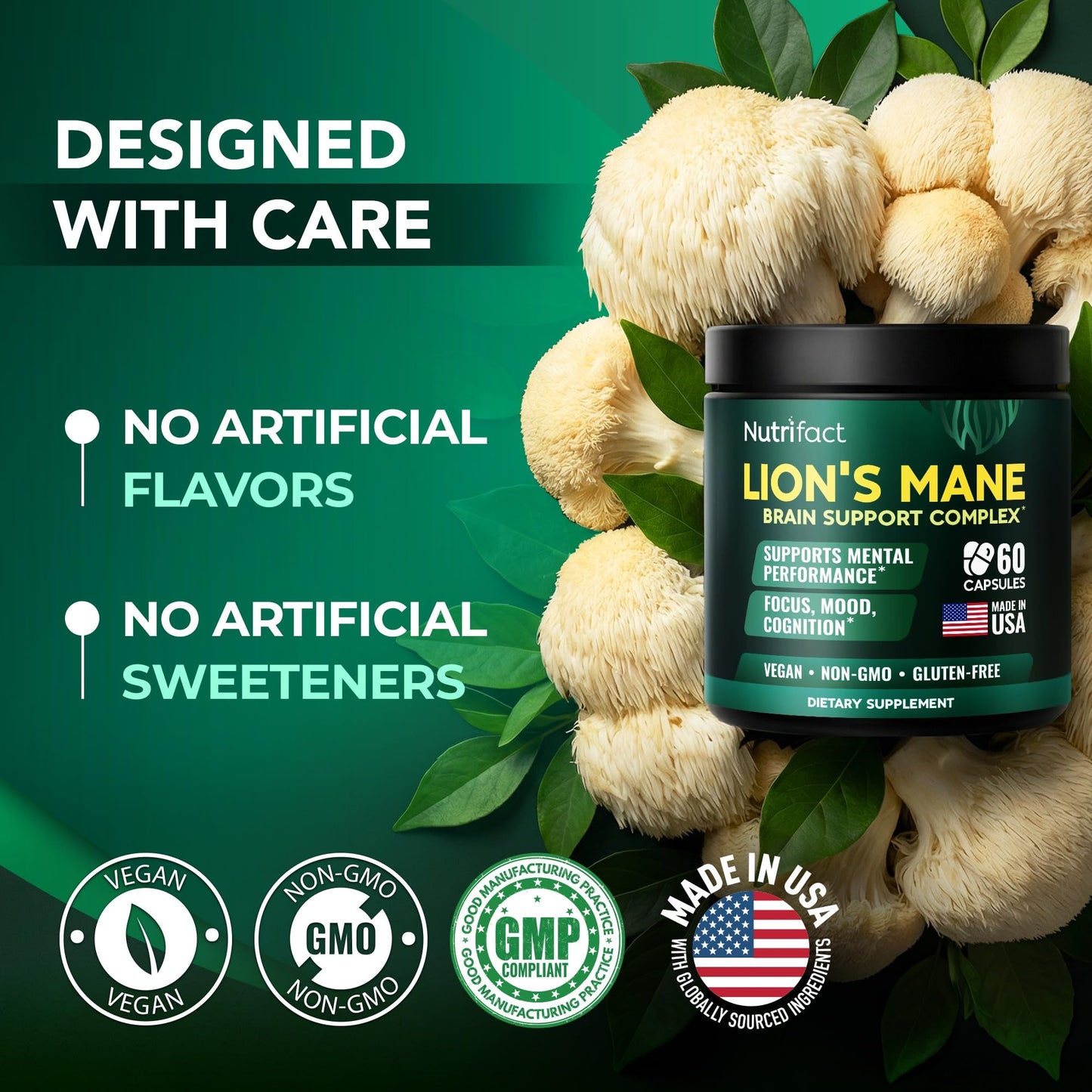 Lions Mane Supplement Capsules – 1000 mg per Serving, Complete Brain Support Complex with L Theanine, Ginkgo Leaf, Vitamin B6, B12 - Vegan, Non-GMO & Made in USA Lions Mane Mushroom - 60 Capsules