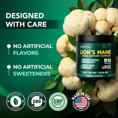 Lions Mane Supplement Capsules – 1000 mg per Serving, Complete Brain Support Complex with L Theanine, Ginkgo Leaf, Vitamin B6, B12 - Vegan, Non-GMO & Made in USA Lions Mane Mushroom - 60 Capsules