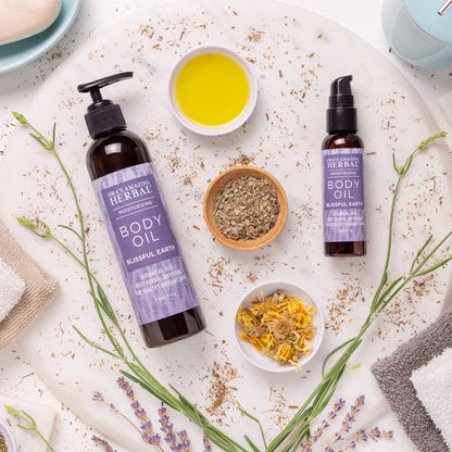 Lavender Bath Oil, Herbal Infused Moisturizing Body Oil for Women with Organic Jojoba Calendula Thyme Vetiver for Relaxation & Dry Skin, Blissful Earth Scent with Pump 7.5 oz