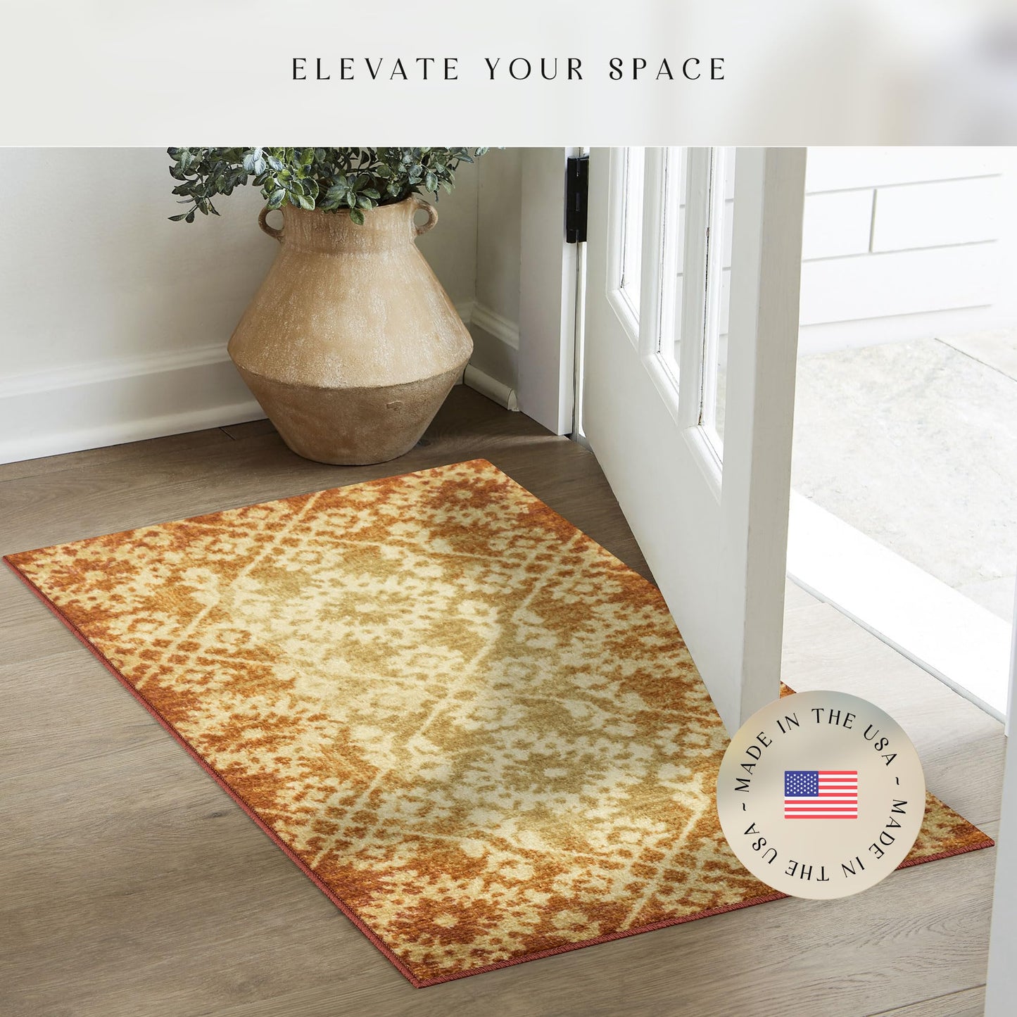 Maples Rugs Arden Vintage Distressed Area Rugs – Made in USA – Washable, Non Slip Indoor Carpet for Entryway, Foyer, Kitchen, and Bathroom, 20" x 34", Gold/Terracotta