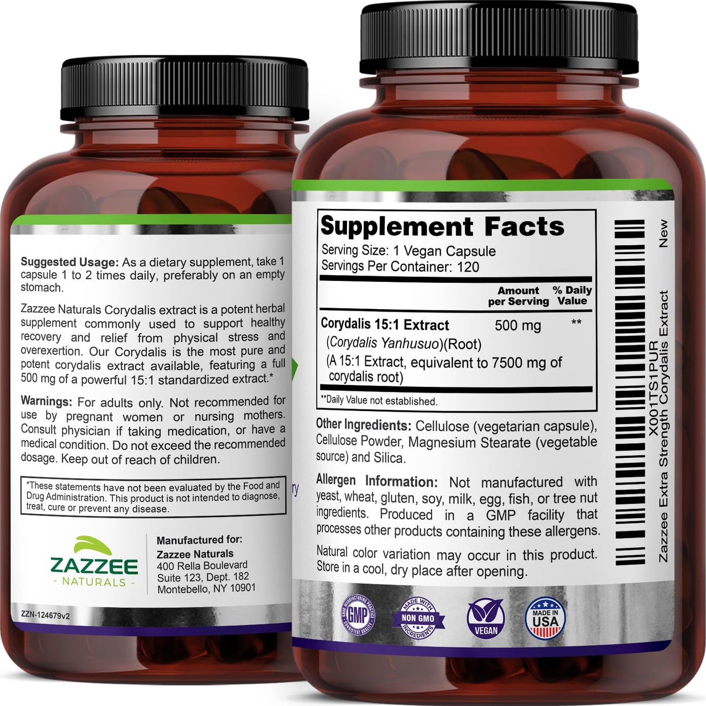 Zazzee Extra Strength Corydalis 15:1 Extract, 7500 mg Strength, 120 Vegan Capsules, Concentrated and Standardized 15X Extract, 100% Vegetarian, Premium Grade, Conolidine, All-Natural and Non-GMO