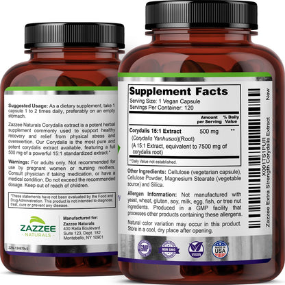Zazzee Extra Strength Corydalis 15:1 Extract, 7500 mg Strength, 120 Vegan Capsules, Concentrated and Standardized 15X Extract, 100% Vegetarian, Premium Grade, Conolidine, All-Natural and Non-GMO