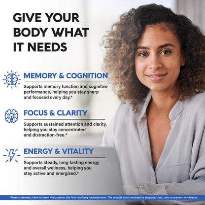 Brain Supplement for Memory & Focus 750 mg - Magnesium | L-Theanine | Bacopa Monnieri | Ginkgo Biloba | Lions Mane - 12in1 Nootropic Complex for Neuro Health - Caffeine-free - Made in USA, 60 Capsules