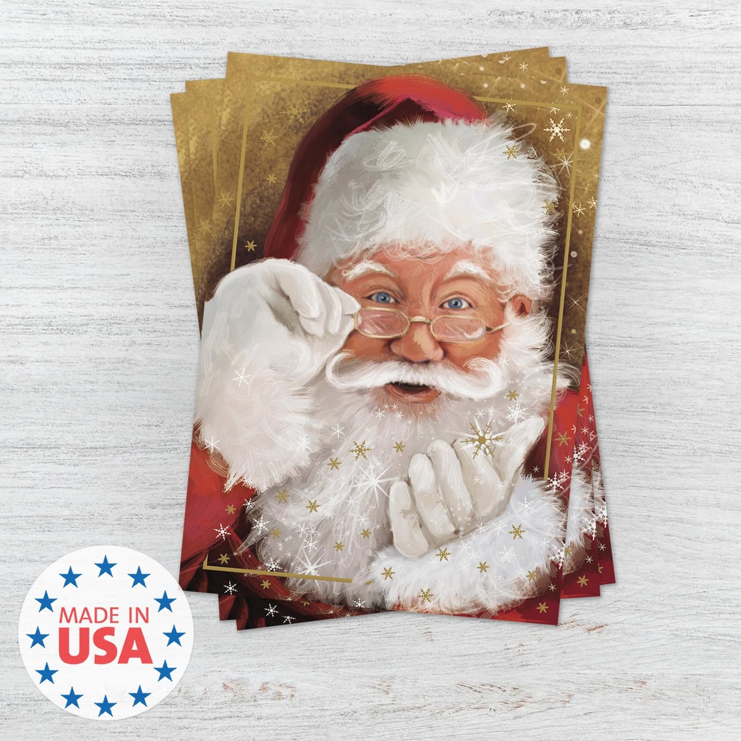 Canopy Street Masterpiece Sparkling Santa Christmas Cards / 16 Festive Holiday Cards Set With White Envelopes / 5 5/8" x 7 7/8" Winter Gold Foil Greeting Cards With Inside Verse/Made In The USA