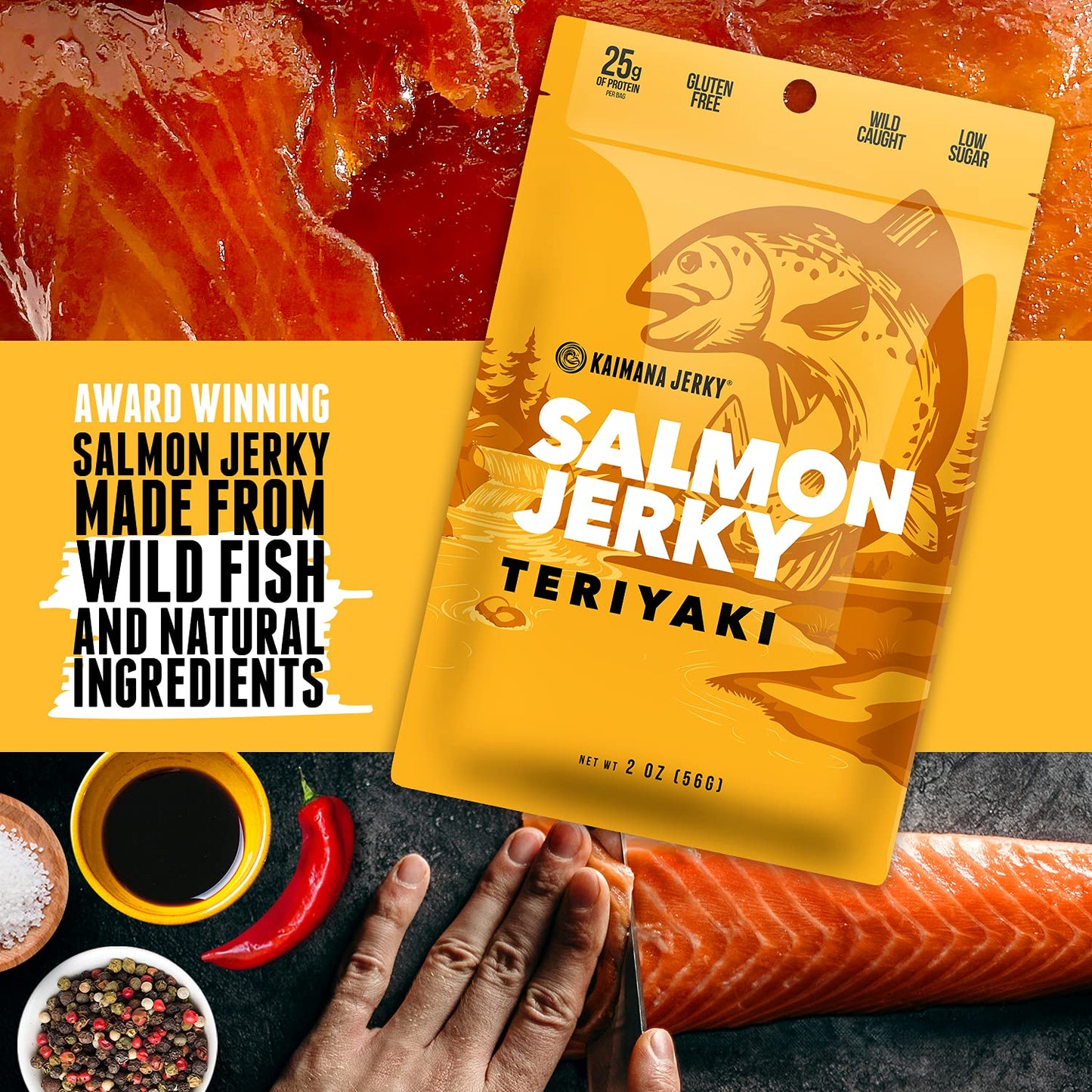 Kaimana Jerky Wild Caught Salmon Teriyaki Jerky - Organic Sweet & Savory Dried Fish Strips, Rich in Omega-3 & Protein, Low-Calorie, Gluten-Free, Less Sodium & Sugar, 3-Pack (2oz Each)