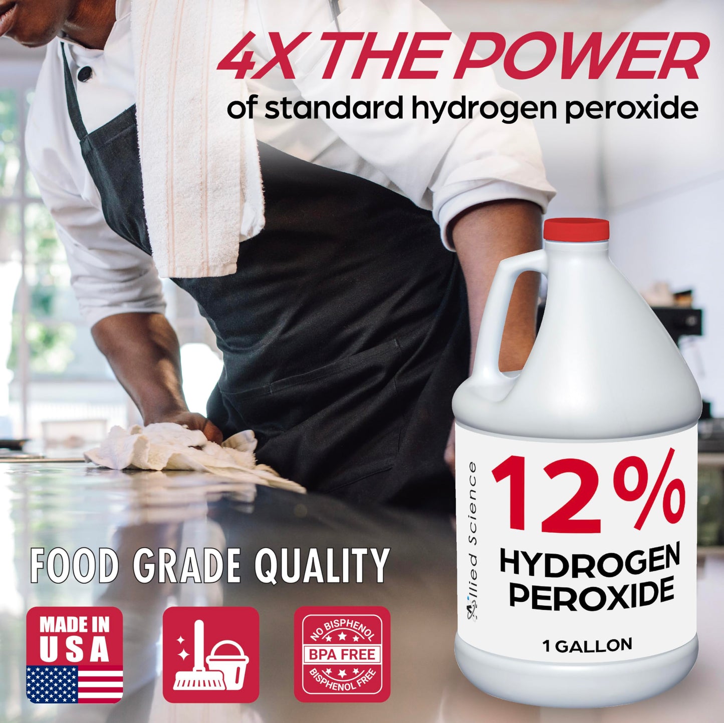 Allied Science 12% Food Grade Hydrogen Peroxide, 4X Stronger, Dilute and Use for Personal Care, Home, Kitchen, Bath, Carpet, Water Cleaner, Plant Treatment, 1 Gallon (1)