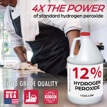 Allied Science 12% Food Grade Hydrogen Peroxide, 4X Stronger, Dilute and Use for Personal Care, Home, Kitchen, Bath, Carpet, Water Cleaner, Plant Treatment, 1 Gallon (1)