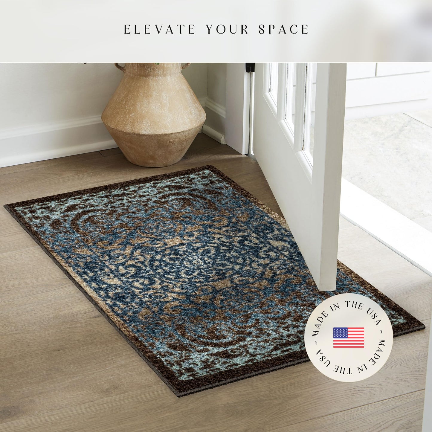Maples Rugs Pelham Transitional Area Rugs - Made in USA - Washable, Non Slip, Indoor Carpet for Entryway, Foyer, Kitchen, and Bathroom, 1'8 x 2'10, Blue/Walnut