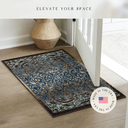 Maples Rugs Pelham Transitional Area Rugs - Made in USA - Washable, Non Slip, Indoor Carpet for Entryway, Foyer, Kitchen, and Bathroom, 1'8 x 2'10, Blue/Walnut