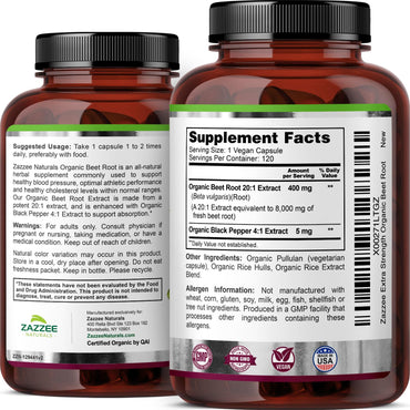Zazzee USDA Organic Beet Root 8000 mg Strength 20:1 Extract, 120 Vegan Quick Release Capsules, Black Pepper Extract for Enhanced Absorption, Supports Nitric Oxide Production, Non-GMO, Made in The USA